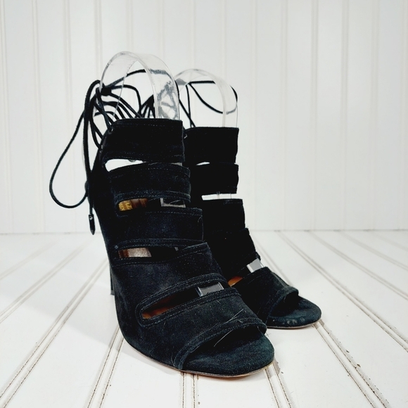 Aquazzura Black Lace Up Back Slip On High Heels Pep Toe Sandals B176 - Picture 4 of 11